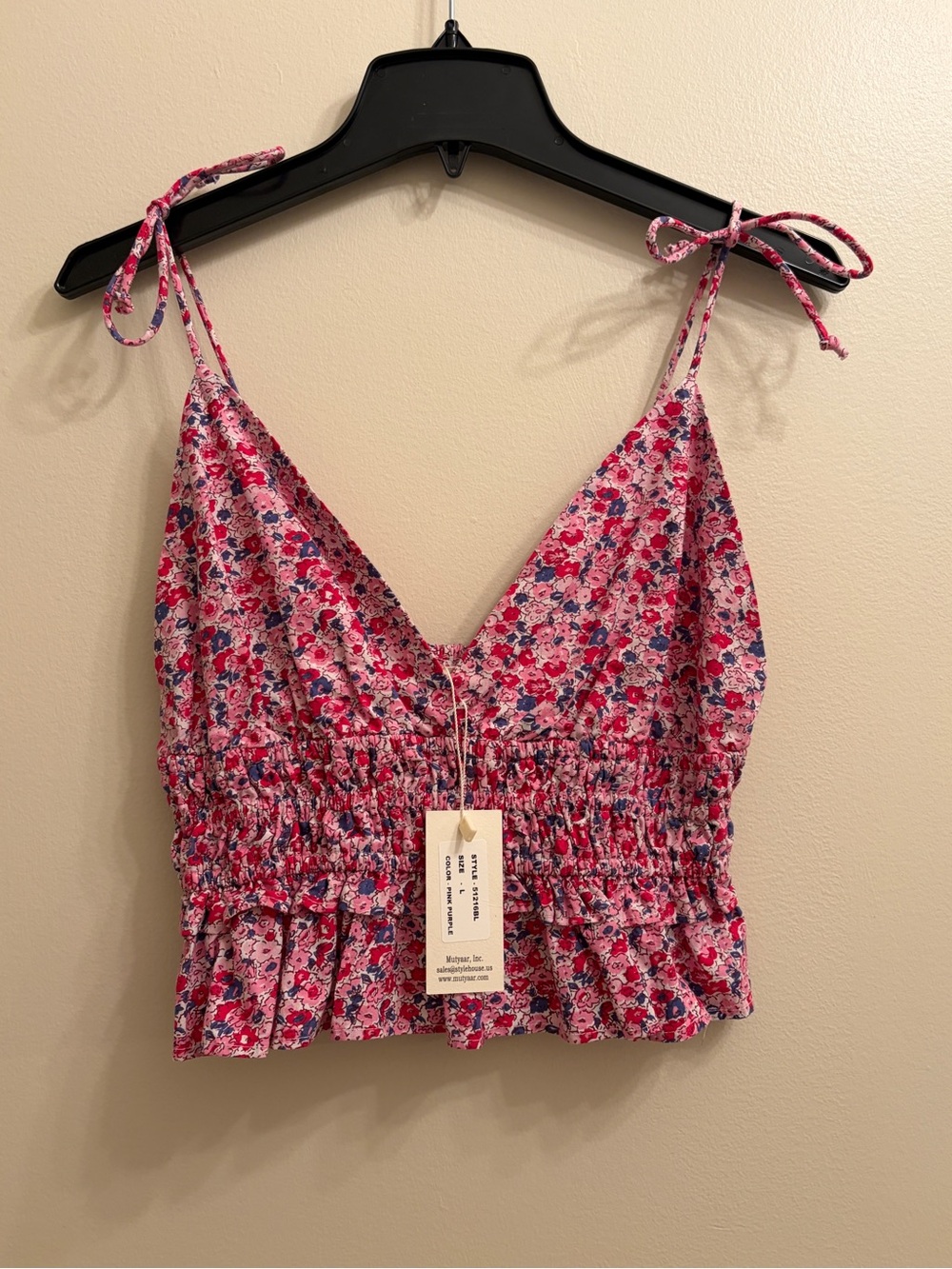 Sim & Sam | Floral Tie-Shoulder Smocked Crop Top - Pink Floral